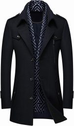 Men's Wool Blend Jacket Single Breasted Slim Fit Thick Winter Windproof Pea Coat with Removable Scarf