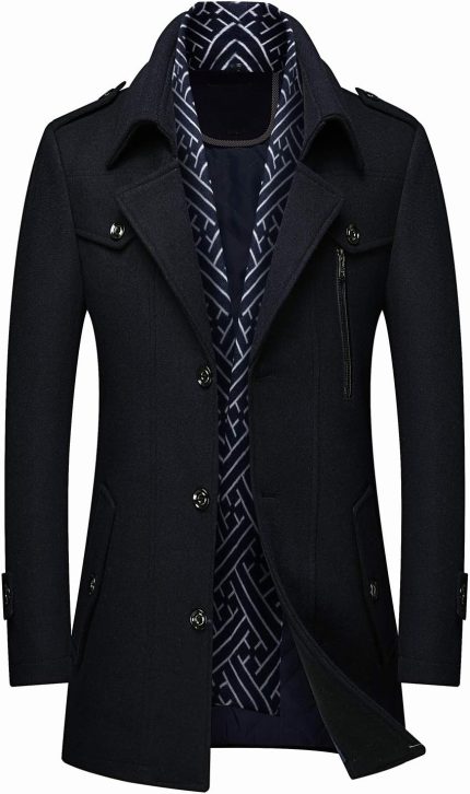 Men's Wool Blend Jacket Single Breasted Slim Fit Thick Winter Windproof Pea Coat with Removable Scarf