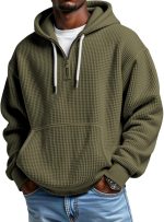 Men's Quarter Zip Hoodie Waffle Knit Pullover Long Sleeve Casual Loose Fit Sweatshirt Hooded Tops with Pockets