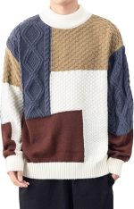 Men Patchwork Pullover Sweater Casual Knitted Crewneck Colorblock Thick Knitwear Long Sleeve Winter Warm Jumper Top - Image 2