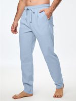 Mens Cotton Pants Casual Elastic Waist Drawstring Lightweight Summer Beach Trousers with Pockets - Image 2