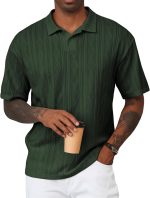 Mens Polo Shirt Textured Knit Button Casual Short Sleeve Summer Vacation Beach Stretchy Golf Shirts