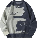 Men's Graphic Cat Print Colorblock Crewneck Drop Shoulder Long Sleeve Pullover Sweater