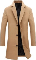 Mens Black Trench Coat Notched Lapel Single Breasted Long Peacoat Overcoat