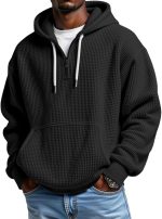 Men's Quarter Zip Hoodie Waffle Knit Hooded Sweatshirt Loose Fit Casual Long Sleeve Pullover with Pockets
