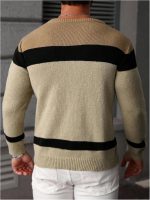 Men's Color Block Cable Knit Sweater Long Sleeve Crewneck Knitwear Top Striped Pullovers - Image 2