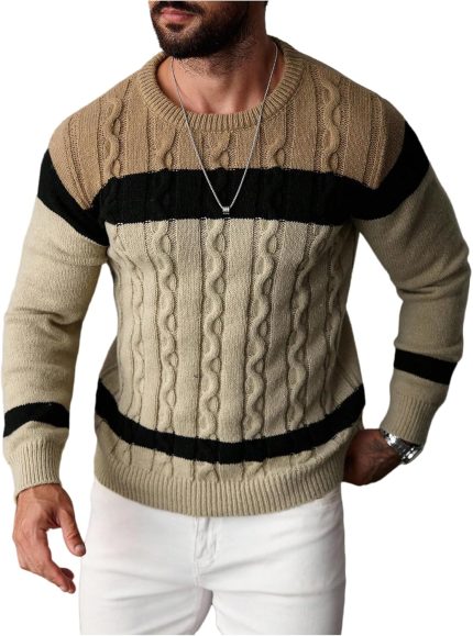 Men's Color Block Cable Knit Sweater Long Sleeve Crewneck Knitwear Top Striped Pullovers
