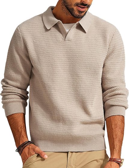 Mens Sweater V Neck Pullover Sweater Long Sleeve Cable Knit Textured Sweater