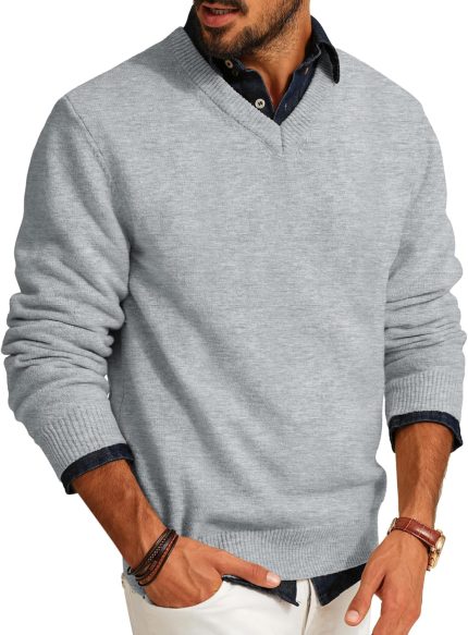 Mens V Neck Pullover Lightweight Wool Blend Long Sleeve Knit Sweater