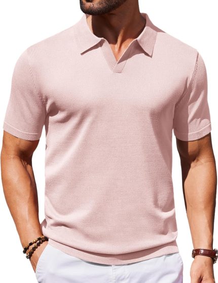 Men's V Neck Short Sleeve Stretch Knit Polo Shirt