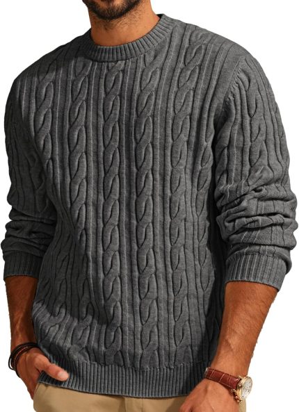 Mens Sweater Crewneck Cable Knit Pullover Sweater Casual Twist Textured Sweaters
