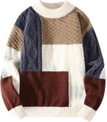 Men Patchwork Pullover Sweater Casual Knitted Crewneck Colorblock Thick Knitwear Long Sleeve Winter Warm Jumper Top